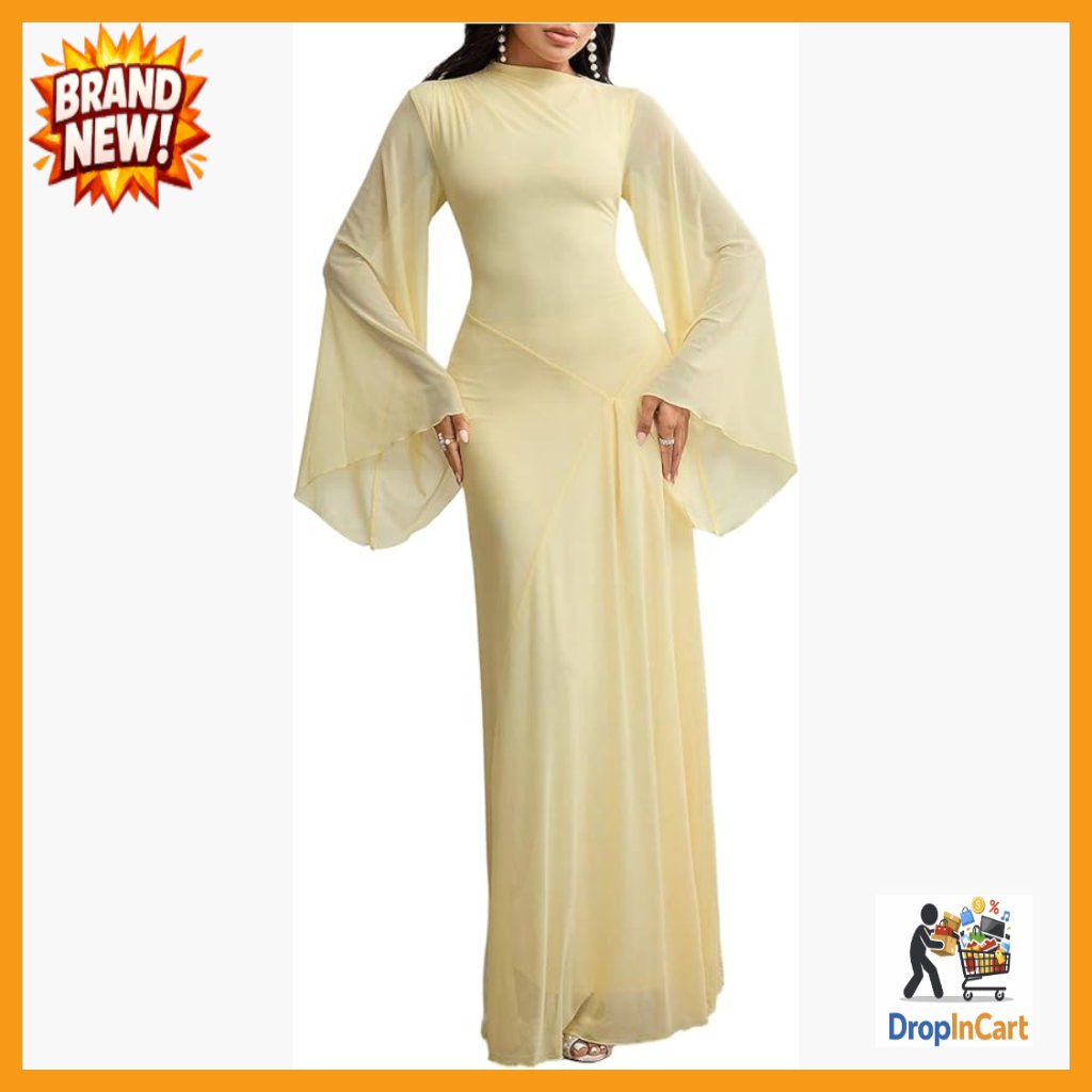 Mock Neck Long Bell Sleeve Maxi Dress Elegant Ruched Ruffle Wedding Guest